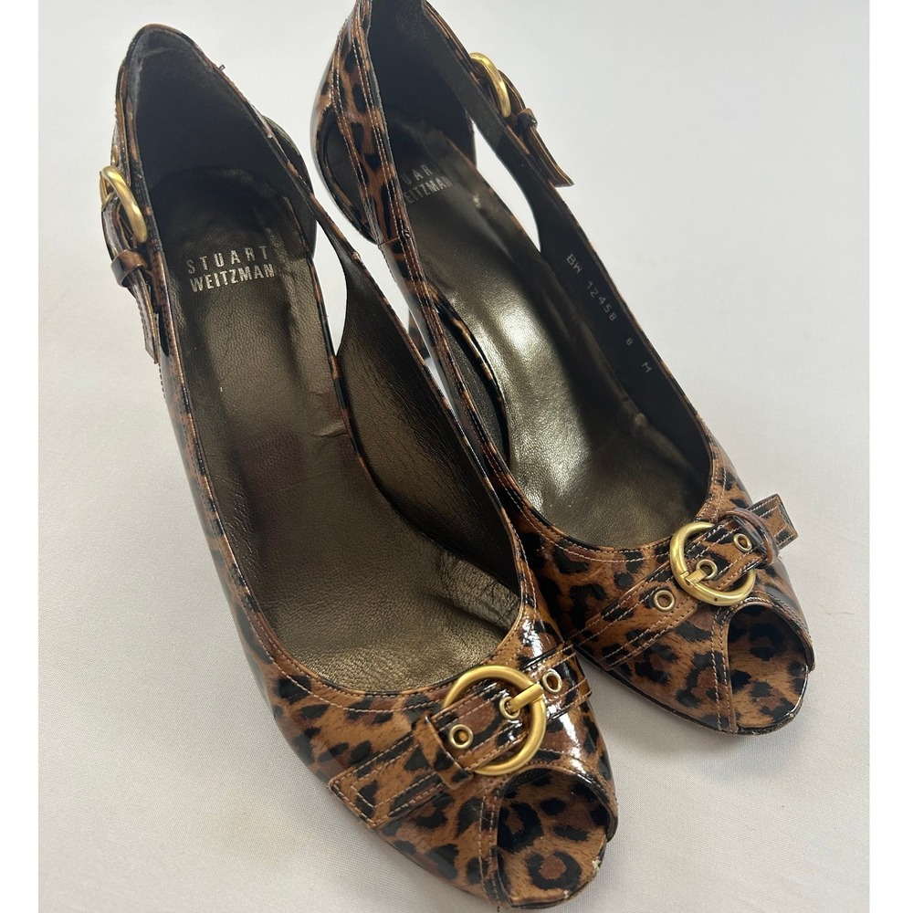 Stuart Weitzman Pumps Womens 8 Brown Leopard Patent Leather Peep Toe Buckle Heel